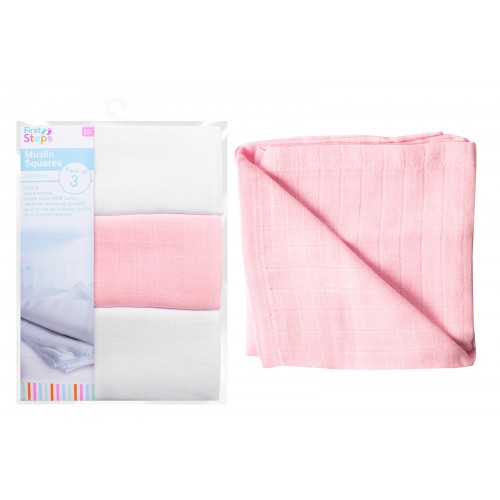 First Steps PINK & WHITE MUSLIN SQUARES 3 PACK